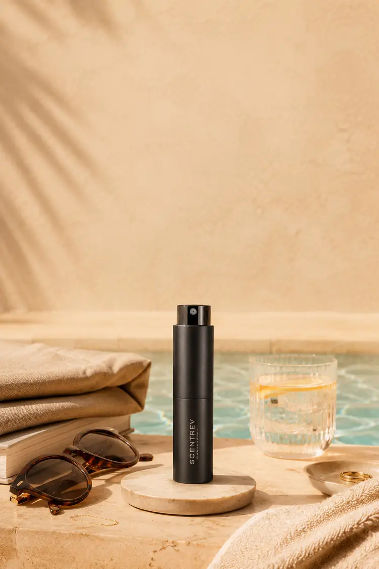 A ScentRev travel atomizer resting on a travertine ledge beside a sunlit pool